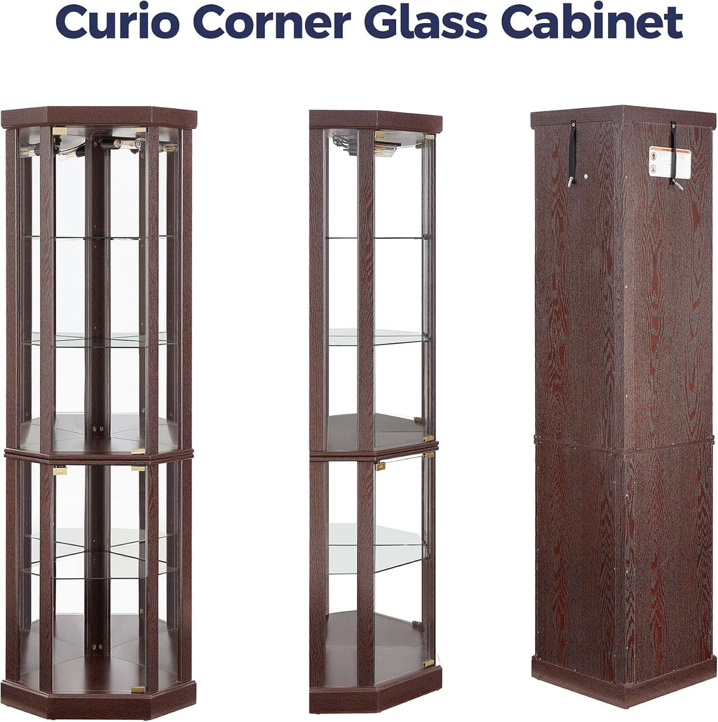 Lighted 3-Side Glass Display Curio Cabinet, Accent Wooden Corner Cabinet with Elegant Glass Door, Wooden Storage Display Case for Living Room, Dining Room, Dark Cherry