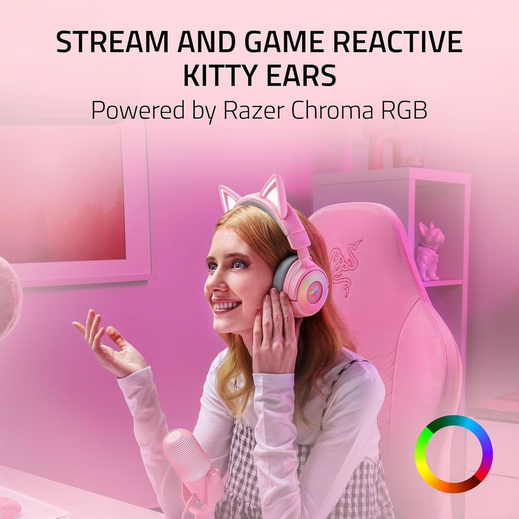 Razer Kraken Kitty V3 Pro Wireless RGB Gaming Headset: Chroma RGB Kitty Ears - 2.4 GHz, Bluetooth 5.3, USB A - Super Wideband Mic - 40mm Drivers - THX Spatial Audio - Comfortable Ear Cushions - Pink
