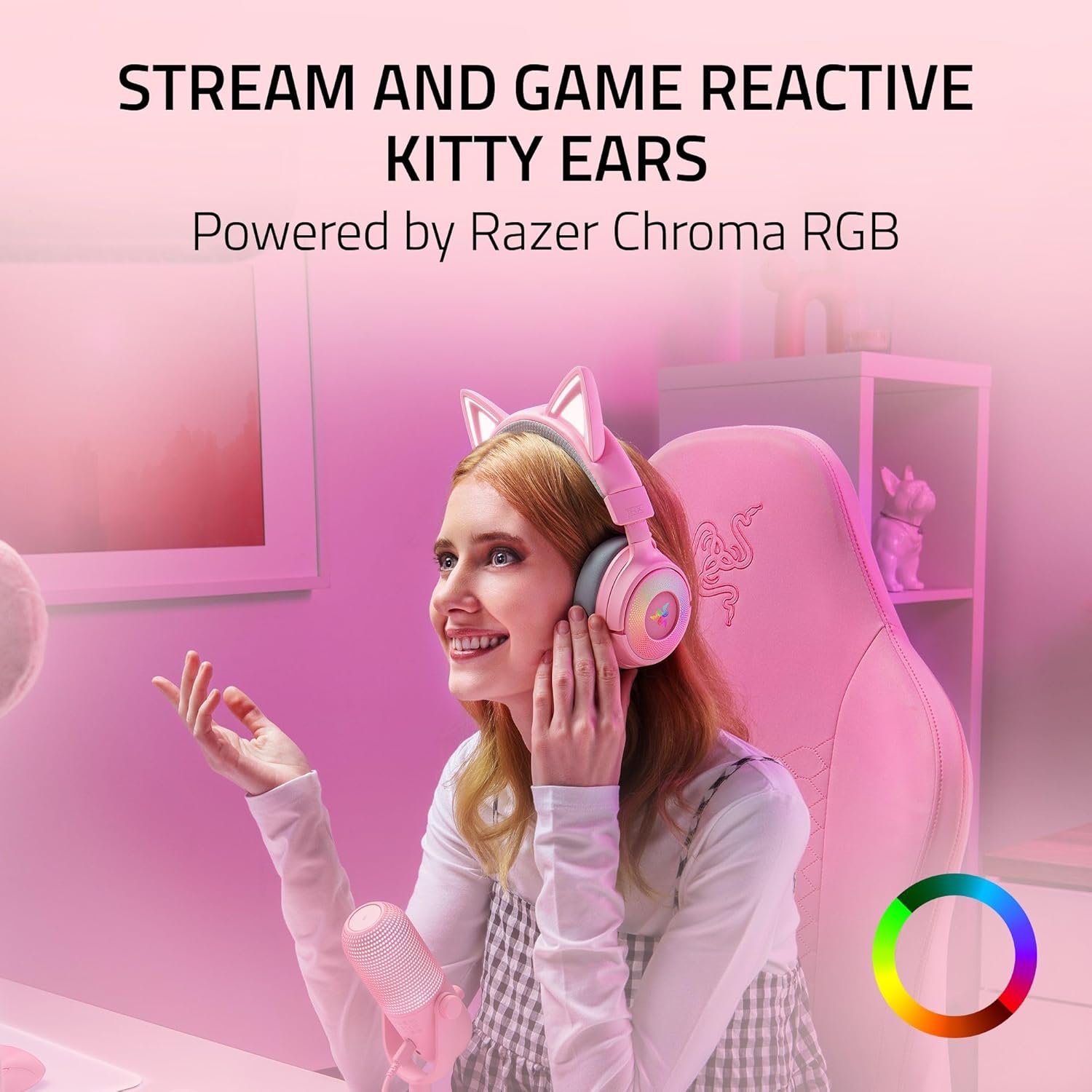 Razer Kraken Kitty V3 Pro Wireless RGB Gaming Headset: Chroma RGB Kitty Ears - 2.4 GHz, Bluetooth 5.3, USB A - Super Wideband Mic - 40mm Drivers - THX Spatial Audio - Comfortable Ear Cushions - Pink