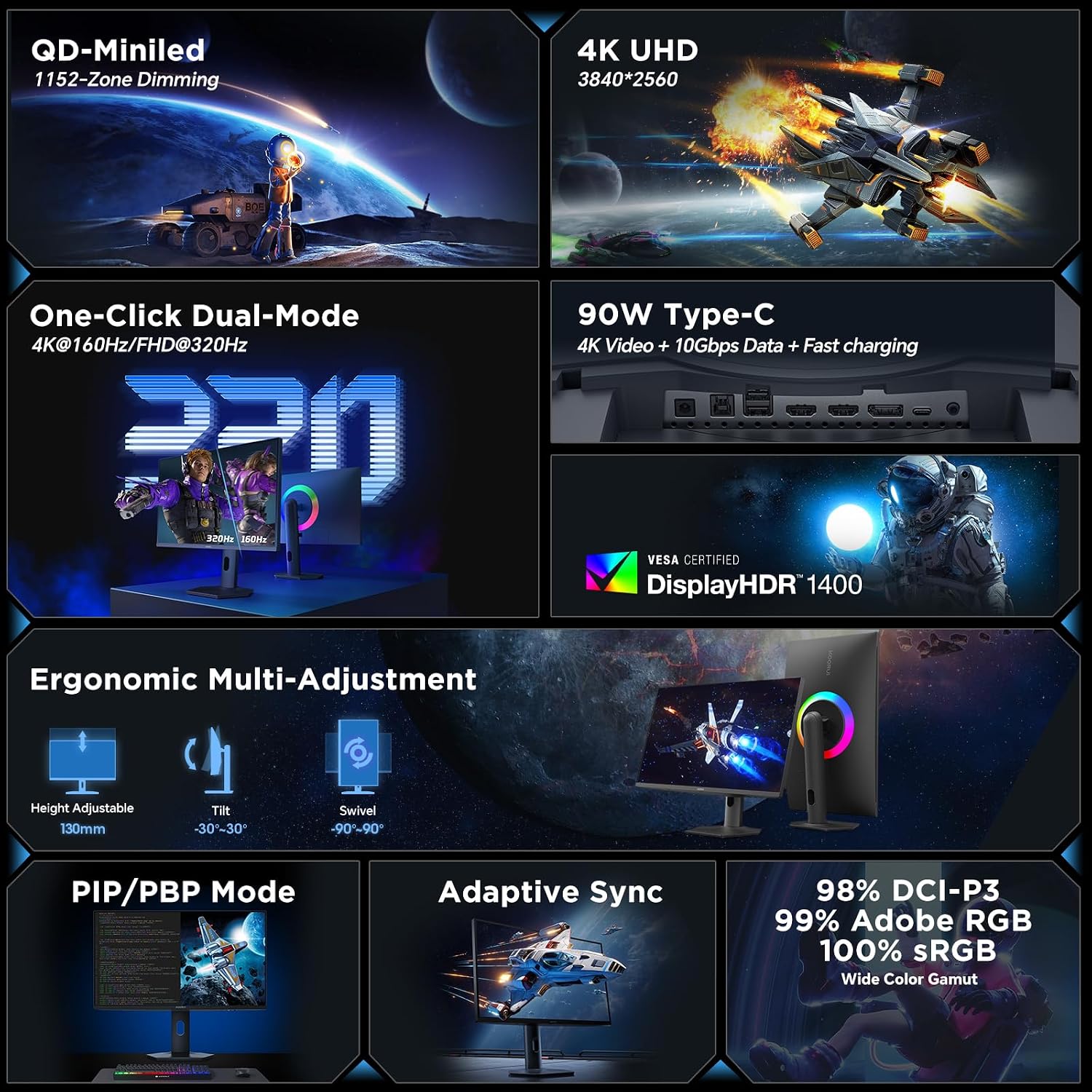 KOORUI 27' 4K QD-Mini LED Gaming Monitor - Dual-Mode (UHD 160Hz or FHD 320Hz), 1ms, 99% Adobe RGB, HDR1400, 90W USB-C, HDMI 2.1/DP1.4, VESA, Tilt Height Swivel Vertical Adjustment, Black, S2741LM