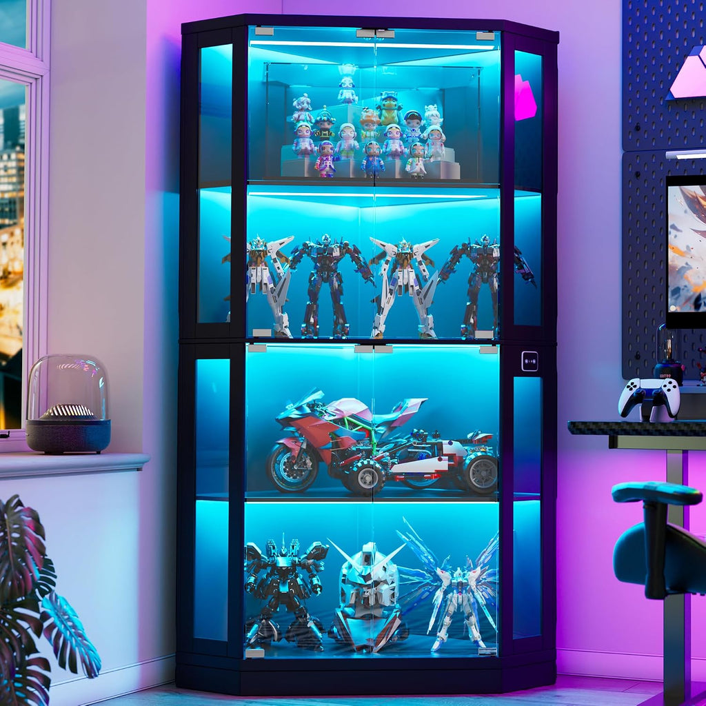 PAKASEPT Corner Display Cabinet with Glass Doors, 66.3'Corner Curio Cabinets with LED Lights, 4-Tier Display Shelf with Human Body Sensor for Toys, Books, Collectibles