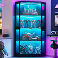 PAKASEPT Corner Display Cabinet with Glass Doors, 66.3'Corner Curio Cabinets with LED Lights, 4-Tier Display Shelf with Human Body Sensor for Toys, Books, Collectibles