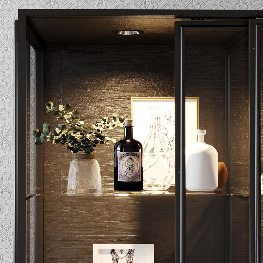 Large Display Cabinet with Glass Shelving & Sliding Doors, Trophy Case Glass Cabinet with Spotlights Black 48.1'W x 23.6'D x 74.8'H