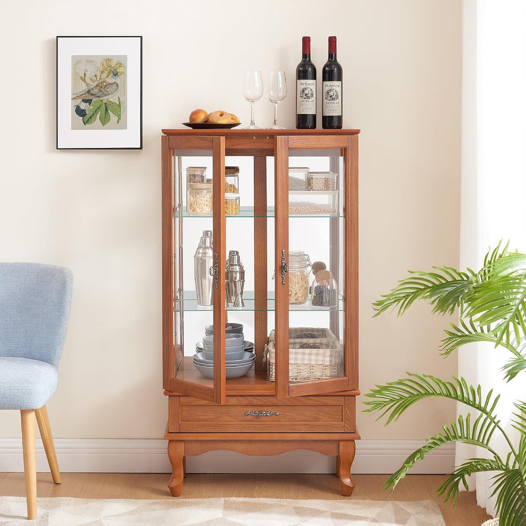 49' H Lighted Curio Display Cabinet with 2 Glass Doors & 1 Drawer, Wooden Curio Showcase w/Adjustable Shelves & Mirrored Back Panel, Wine Storage Cabinet Display Case for Living Room (Oak)