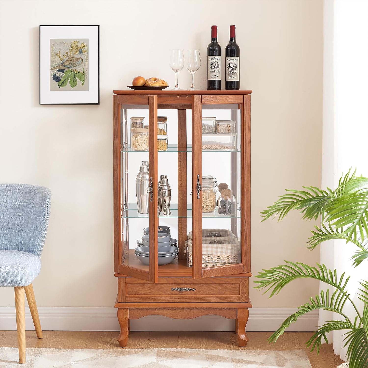 49' H Lighted Curio Display Cabinet with 2 Glass Doors & 1 Drawer, Wooden Curio Showcase w/Adjustable Shelves & Mirrored Back Panel, Wine Storage Cabinet Display Case for Living Room (Oak)