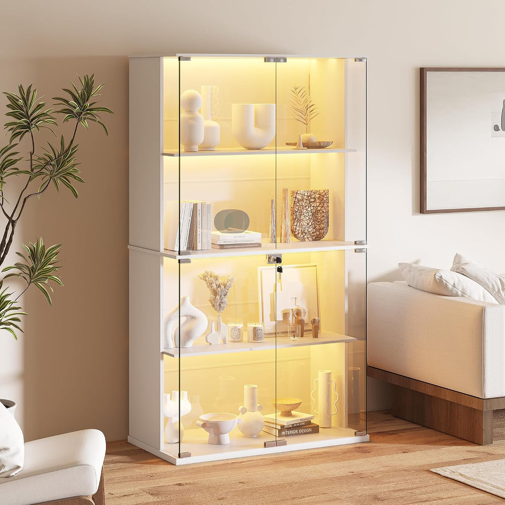 Display Cabinet with Glass Door,Lighted 4-Tier Curio Cabinet with3 Color Lights for Collectibles Bookcases,66' Lockable Display Case with Human Body Sensor,White