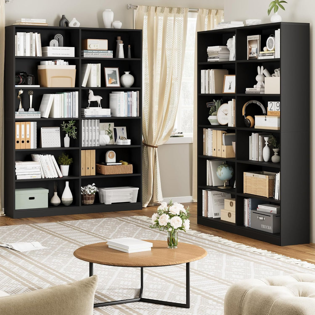 FACBOTALL Bookshelf and Bookcase, 6-Tier Double Wide Bookshelves, Freestanding Display Storage Shelves, Tall Bookcases for Home Decor Bedroom, Living Room, Home Office,Black