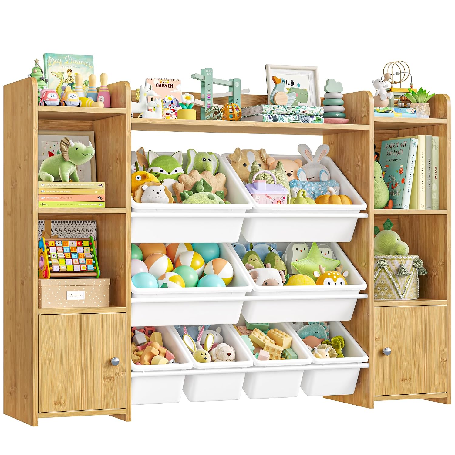 FOTOSOK Toy Storage Organizer with 8 Toy Bins, 55''Large Toy Organizers and Storage with Top Shelf, Toy Storage and Kids Bookshelf with 6 Storage Cubbies, Playroom Storage and Toy Box, Natural
