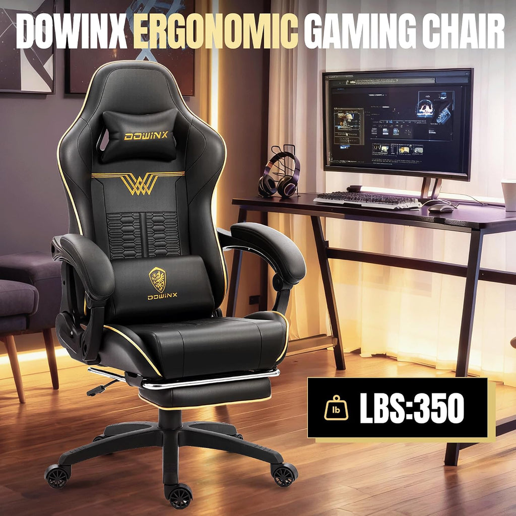 Dowinx Big and Tall Gaming Chair 350LBS, Racing Style Ergonomic Computer Chair with Side-Mounted Recline Control, Footrest & Massage Lumbar, High Back Chair with Embroidered Design for Work, Black