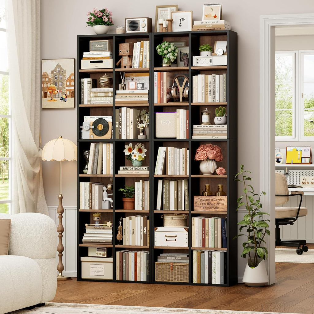 FOTOSOK 71'' Tall Bookshelf with 14 Cubes, 7 Tier Double Wide Wood Bookshelf with 6 Adjustable Shelves, 19.6' Narrow Bookcase DVD/CD Media Storage, Space Saving Display Shelf Cabinet, Black/Brown