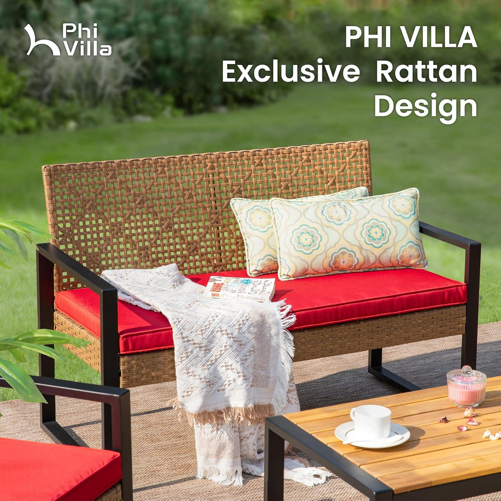 PHI VILLA Patio Wicker Furniture Set for 4, Brown Rattan Loveseat & Chairs with Red Cushions & Acacia Wood Coffee Table, Outdoor Modern Conversation Sofa Set for Deck, Yard, Porch