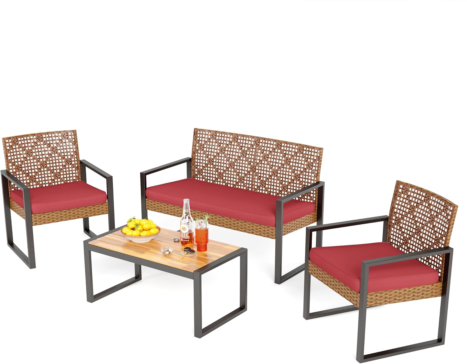 PHI VILLA Patio Wicker Furniture Set for 4, Brown Rattan Loveseat & Chairs with Red Cushions & Acacia Wood Coffee Table, Outdoor Modern Conversation Sofa Set for Deck, Yard, Porch