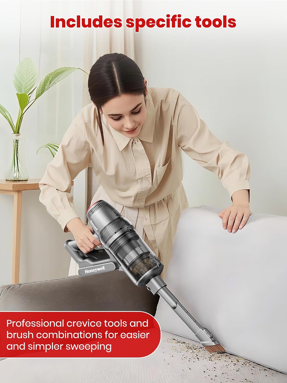 Honeywell Smart Cordless Vacuum Cleaner w/Automatic Adjustment, 10-in-1 Lightweight Stick with 3000mAh Battery 70Mins Runtime, Rechargeable Vacuum for Pet Hair/Carpet/All Floor, VC14, Graphite/Red