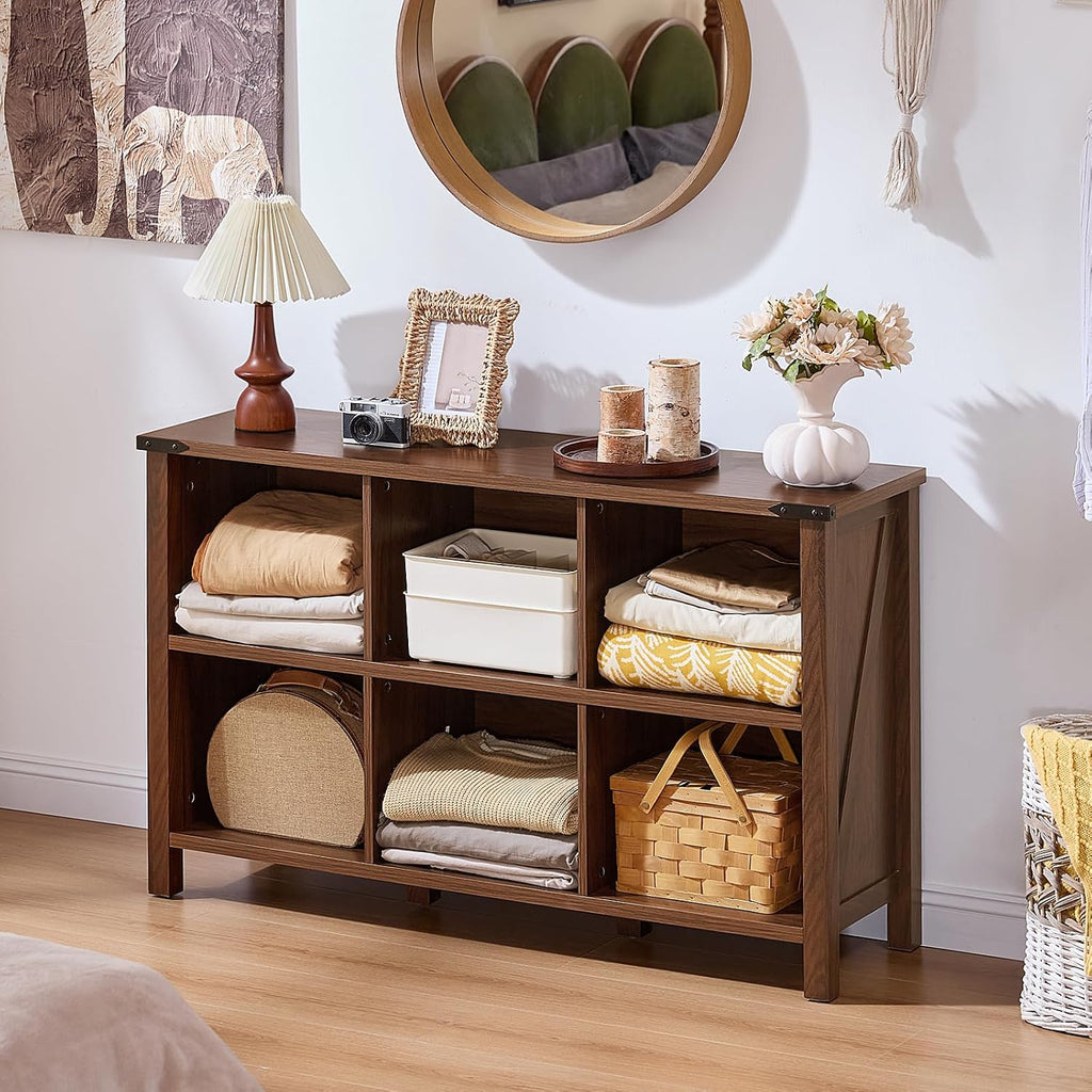 Joaxswe Farmhouse 6 Cube Book Shelf, Wood 3 Tier Storage Organizer Bookshelf, Brown Walnut 47' Horizontal Cubby Bookcase with Legs, Rustic Entryway Book Case, Long Display Cabinet for Bedroom, Office
