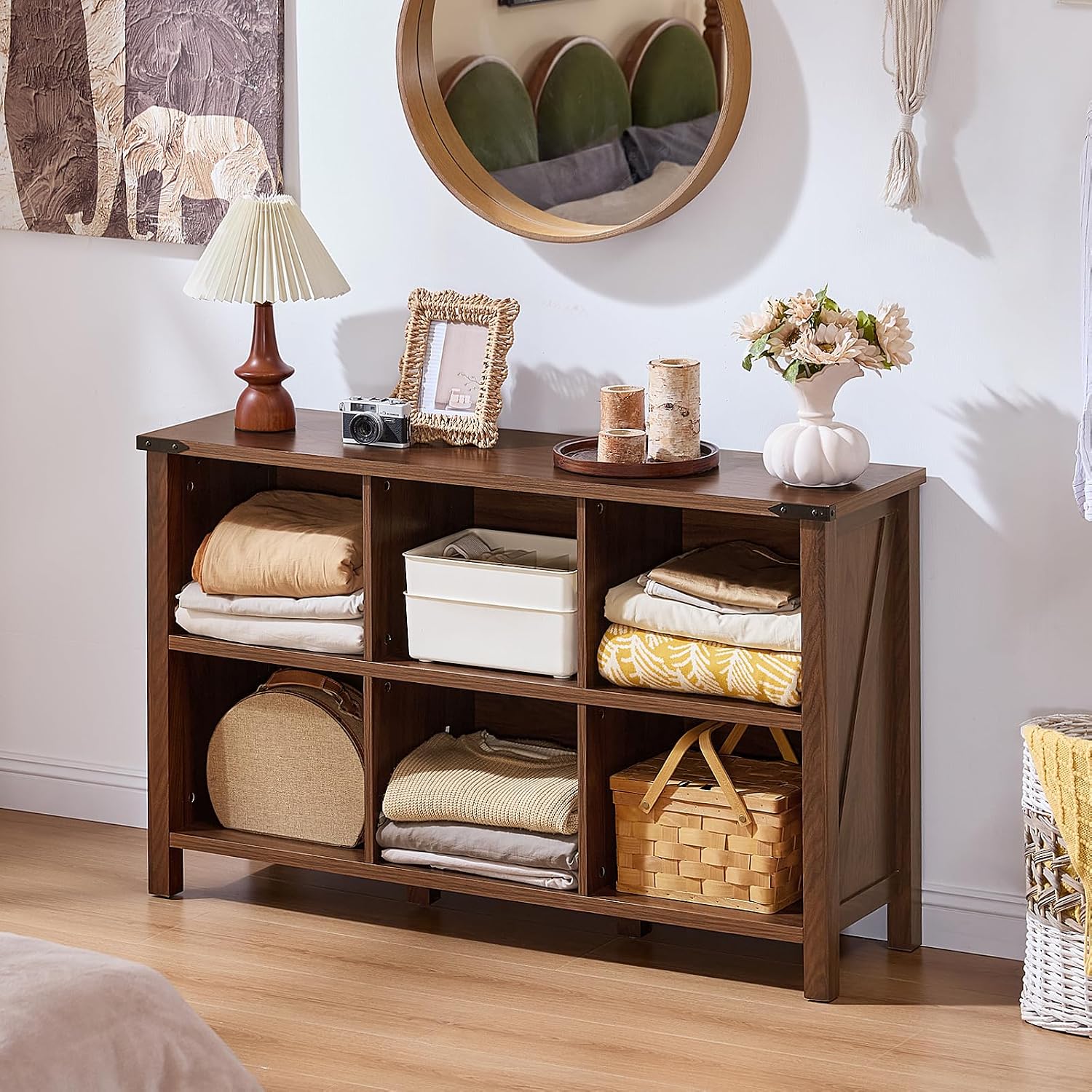 Joaxswe Farmhouse 6 Cube Book Shelf, Wood 3 Tier Storage Organizer Bookshelf, Brown Walnut 47' Horizontal Cubby Bookcase with Legs, Rustic Entryway Book Case, Long Display Cabinet for Bedroom, Office