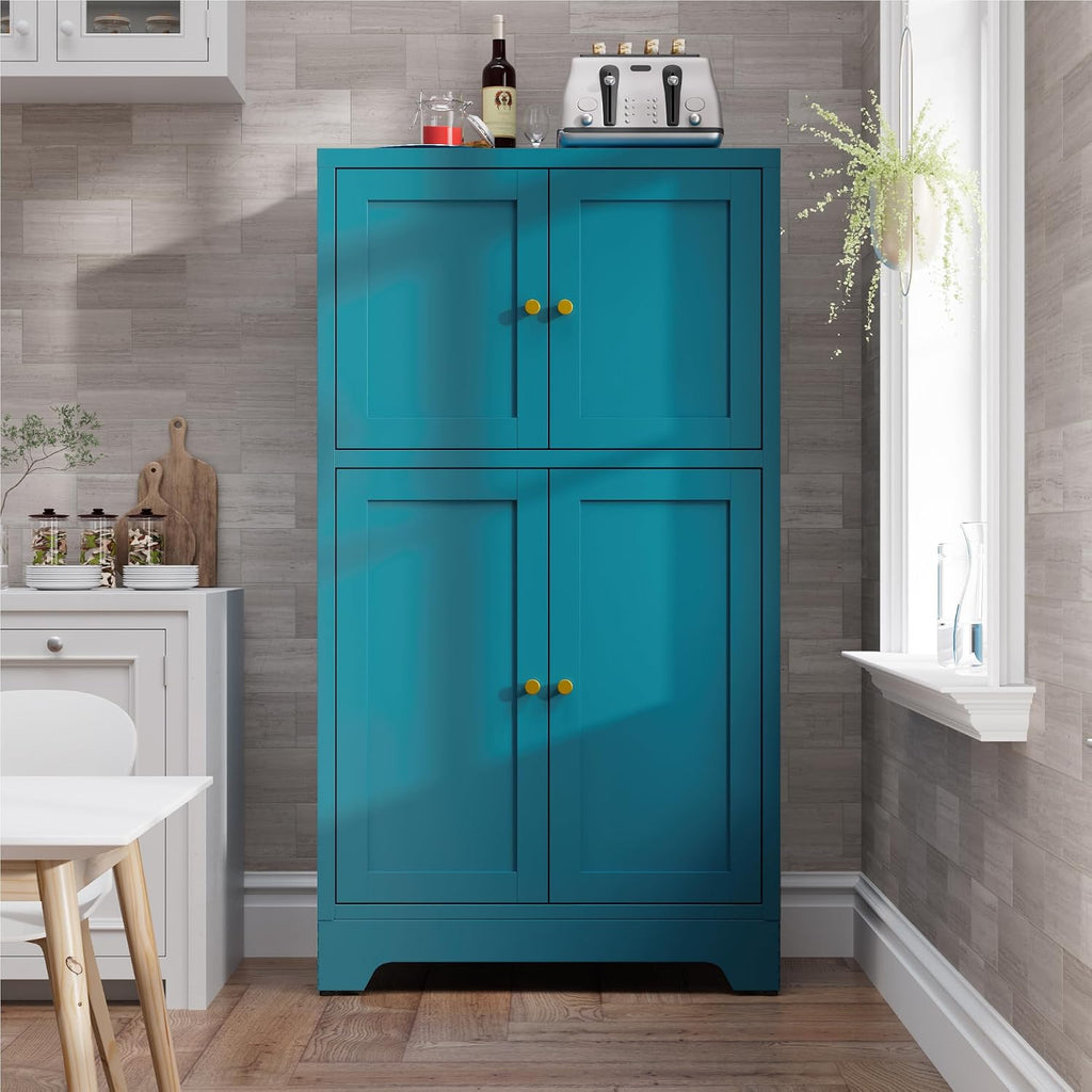 Bevivog Bathroom Floor Storage Cabinet,Metal Accent Cabinets with 4 Doors and 2 Adjustable Shelves,Blue Storage Locker Cabinets Organizer for Pantry Kitchen,Living Room,Hallway, Restroom