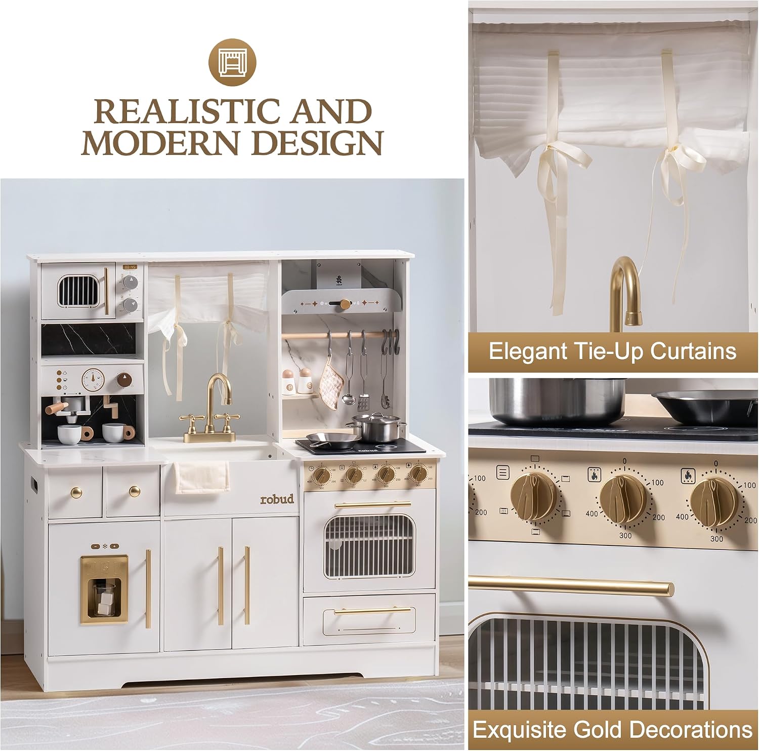 ROBUD Wooden Play Kitchen Set for Kids and Toddlers with Coffee Machine, Ice Maker, Microwave, Oven, Large Cabinet, 12 Accessories, Gift for 3+, White
