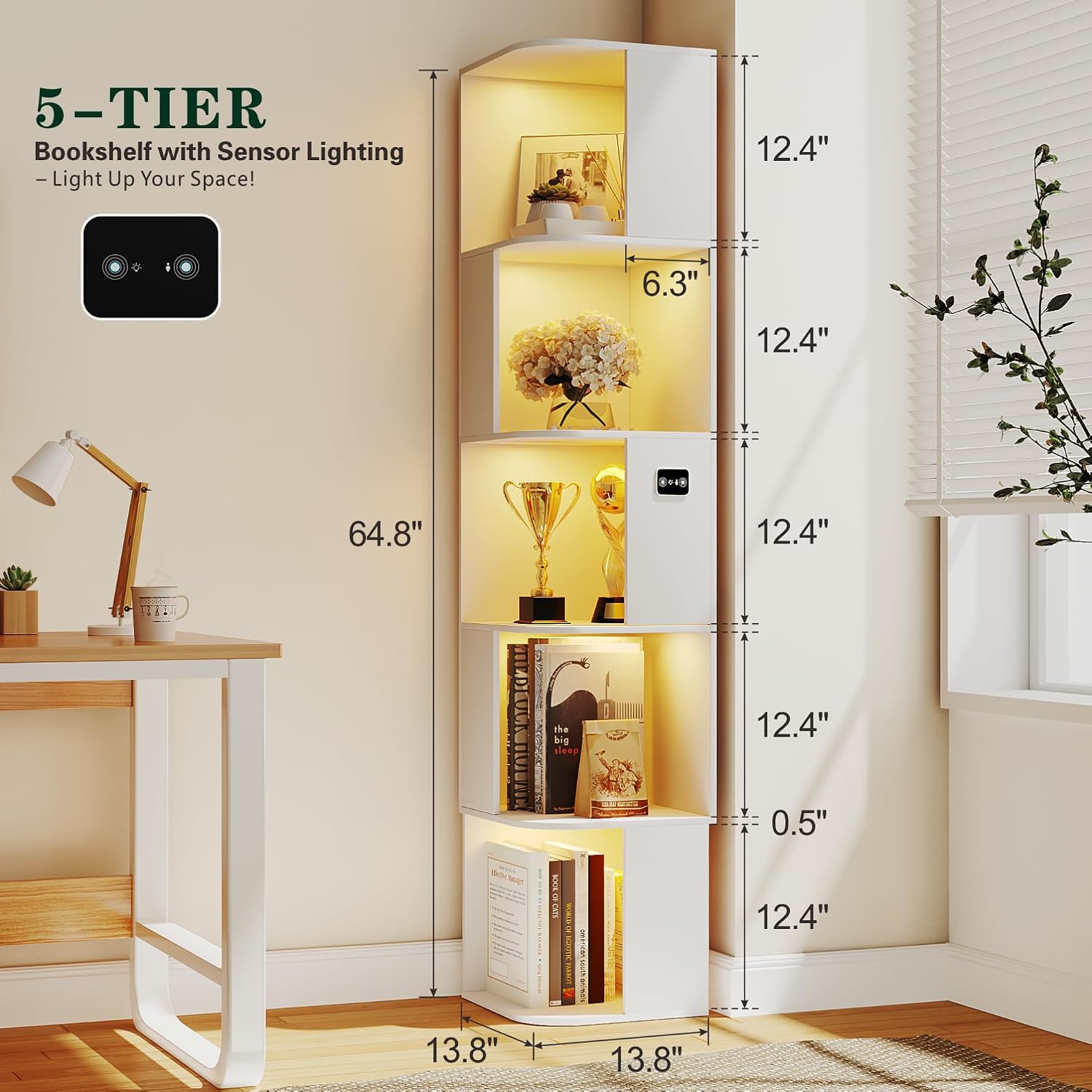 5 Shelf Bookcase - Corner Bookshelf with 3 Colors LED Sensor Lights Modern Cube Storage Organizer for Lego Books Living Room Study Bedroom - Ideal Gift (White)