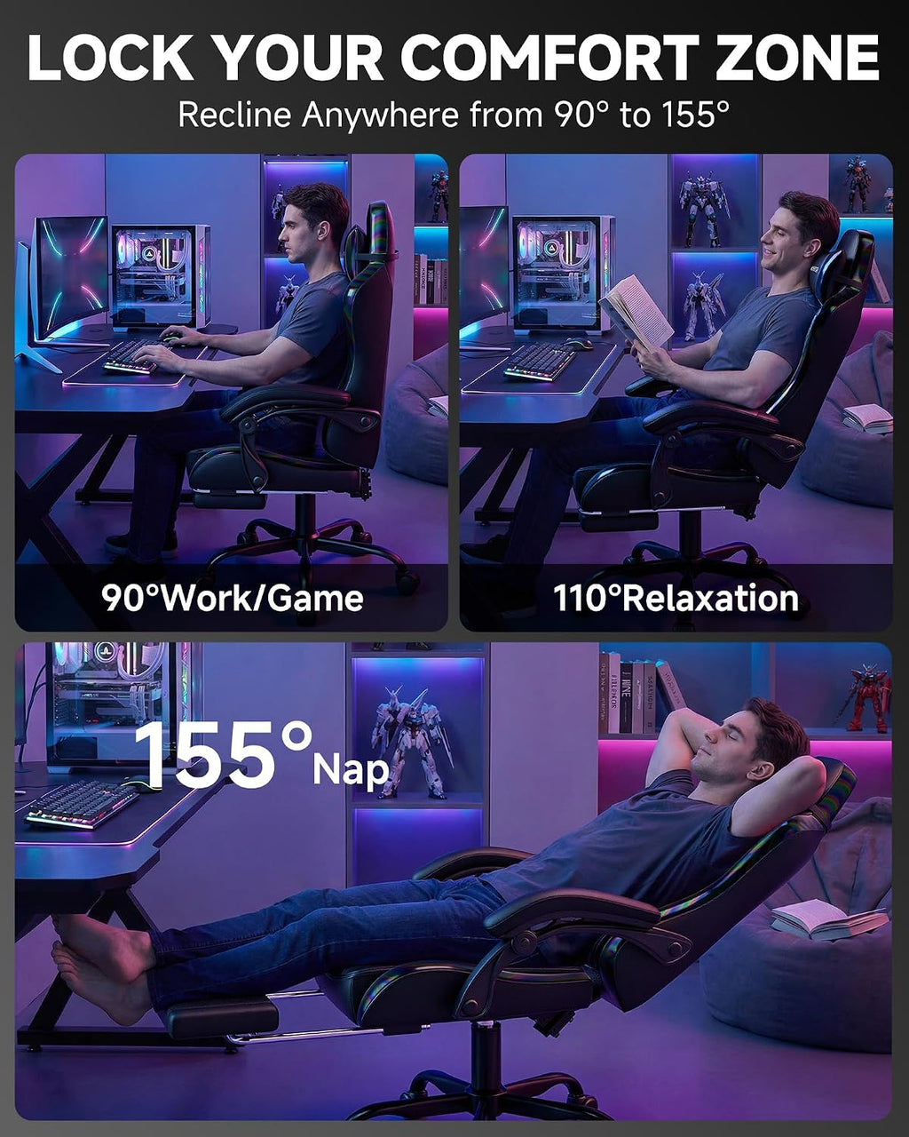 GTPLAYER Gaming Chair for Adults, Ergonomic Computer Gaming Chair with Footrest, Height Adjustable, 90-155° Recline & Removable Headrest Lumbar Support, Colorful Black