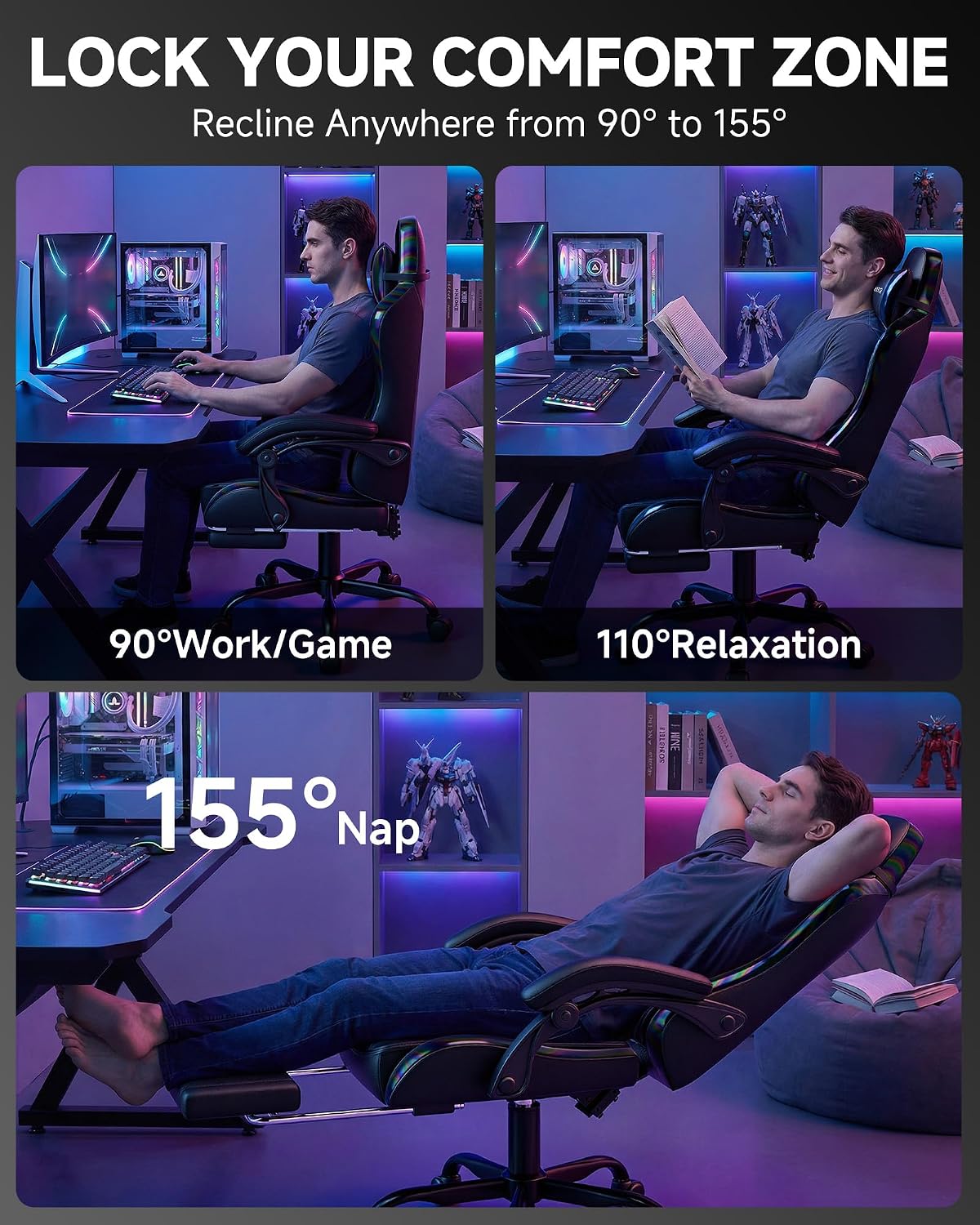 GTPLAYER Gaming Chair for Adults, Ergonomic Computer Gaming Chair with Footrest, Height Adjustable, 90-155° Recline & Removable Headrest Lumbar Support, Colorful Black