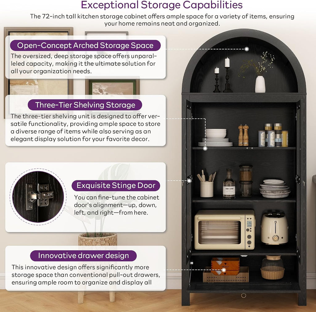 TYBOATLE 71' Tall Arched Pantry Cabinet with Innovative Drawer, Kitchen Cabinet with Anti-Tipping Device and Glass Door, Versatile Cupboard for Kitchen, Dining, Black