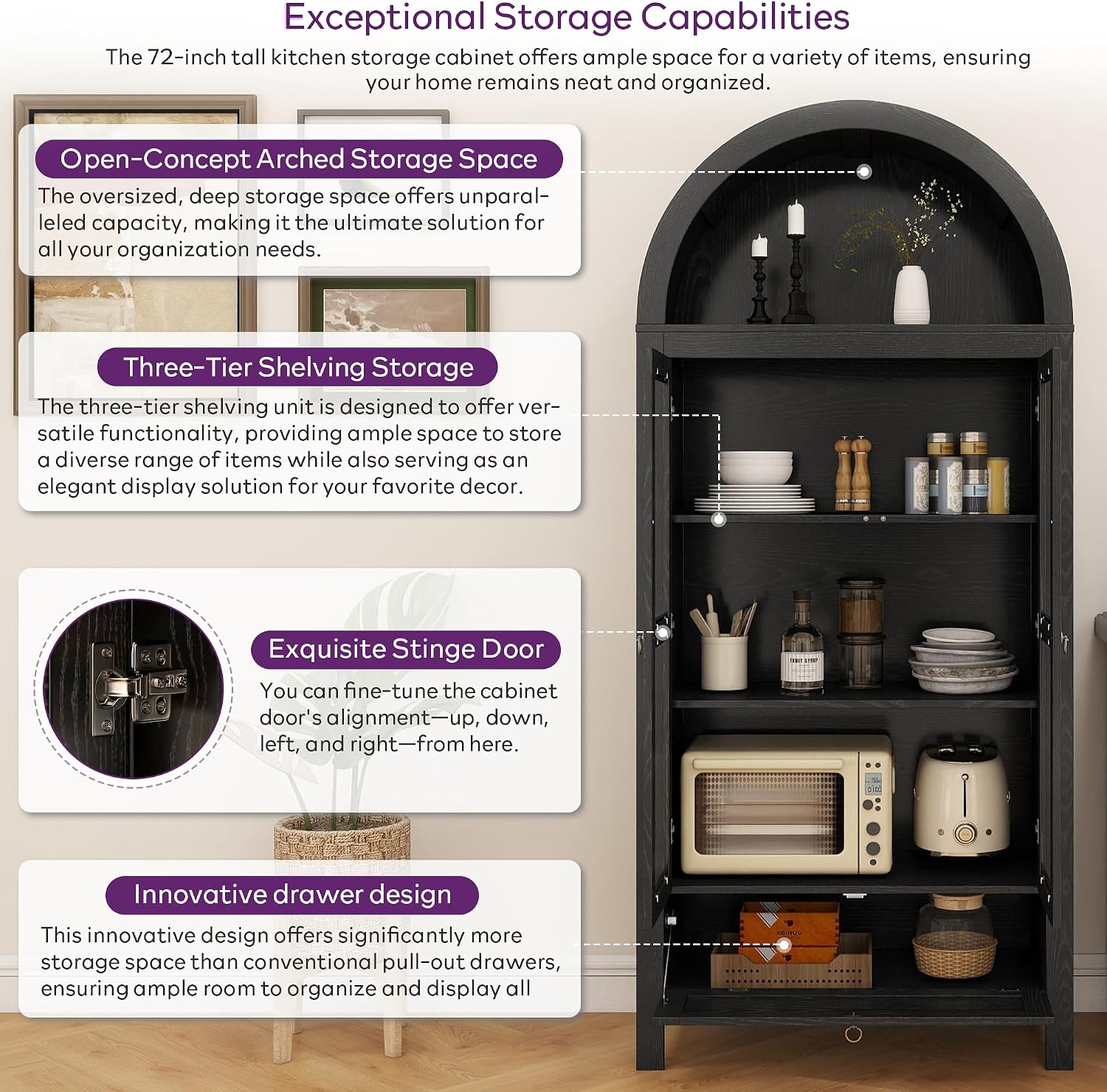 TYBOATLE 71' Tall Arched Pantry Cabinet with Innovative Drawer, Kitchen Cabinet with Anti-Tipping Device and Glass Door, Versatile Cupboard for Kitchen, Dining, Black