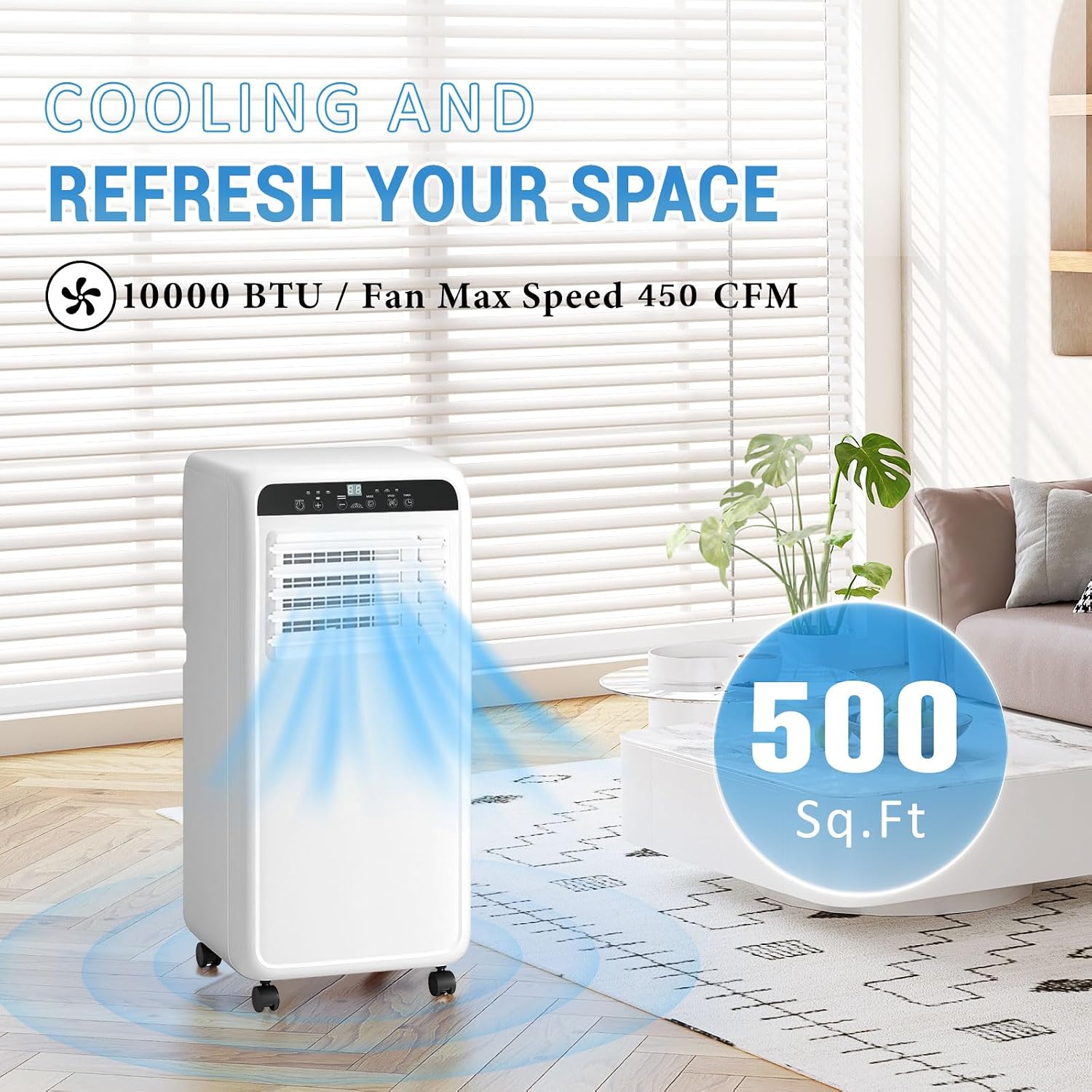 Portable Air Conditioner, 10000BTU, 3-in-1 Air Conditioner Portable Up to 450 Sq.Ft. with Cool, Fan, Dehumidifier, Remote Control & Installation Kit, 24H Timer, Quiet Standing AC Unit