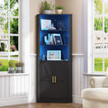 TAGELIER Farmhouse Corner Cabinet with LED Light, 67' Tall Bathroom Cabinet with 2 Doors and 3 Tier Shelves, Free Standing Corner Storage Cabinet for Living Room or Kitchen, Black
