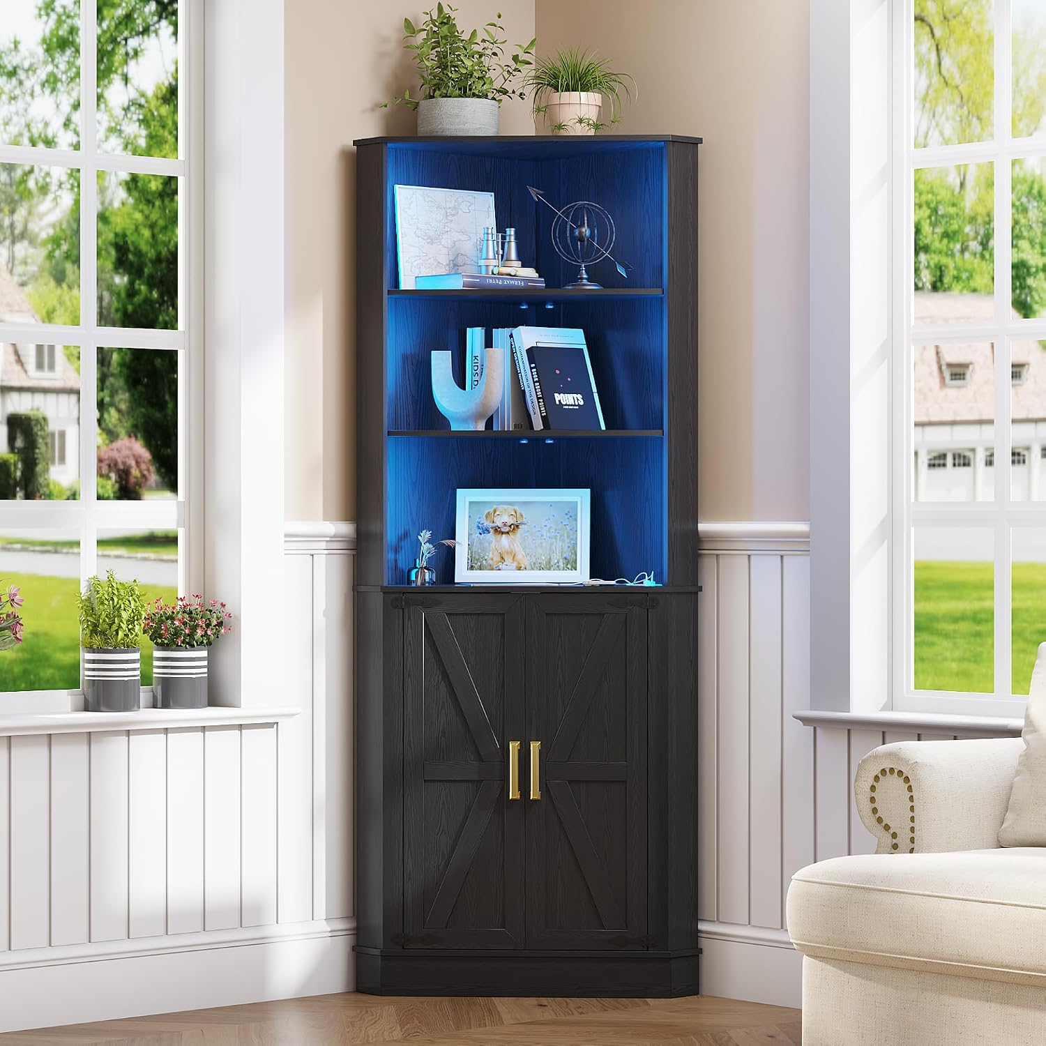 TAGELIER Farmhouse Corner Cabinet with LED Light, 67' Tall Bathroom Cabinet with 2 Doors and 3 Tier Shelves, Free Standing Corner Storage Cabinet for Living Room or Kitchen, Black