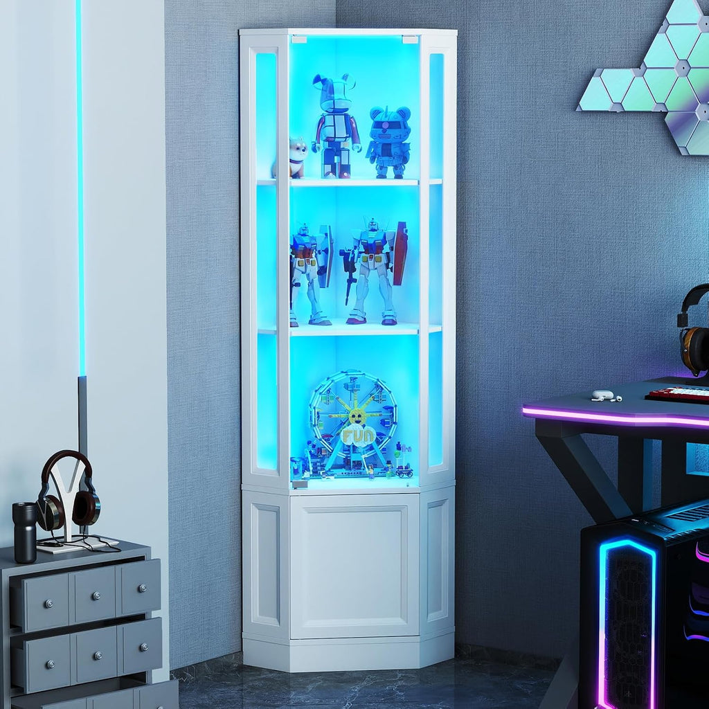 Verano Garden Corner Display Cabinet with Glass Doors, 65' Curio Cabinet w/Multi-Color LED Lights, 4-Tier Lighted Storage Display Case for Collectibles, Showcase Cabinet for Living/Game Room (White)
