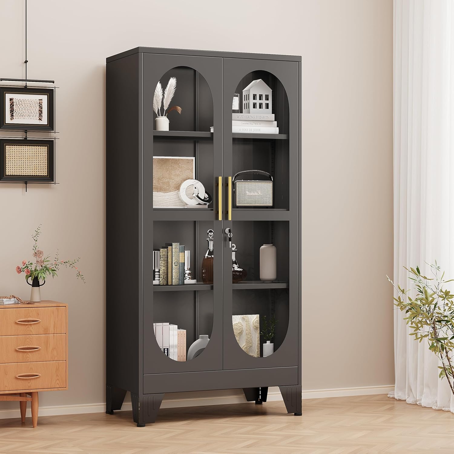 GAIOUS 61' Tall Metal Curio Cabinet, Display Cabinet with Glass Door, 4 Tier Liquor Cabinet with 3 Adjustable Shelves, Locking Glass Display Case for Collectibles, Showcase Storage Cabinets, Black