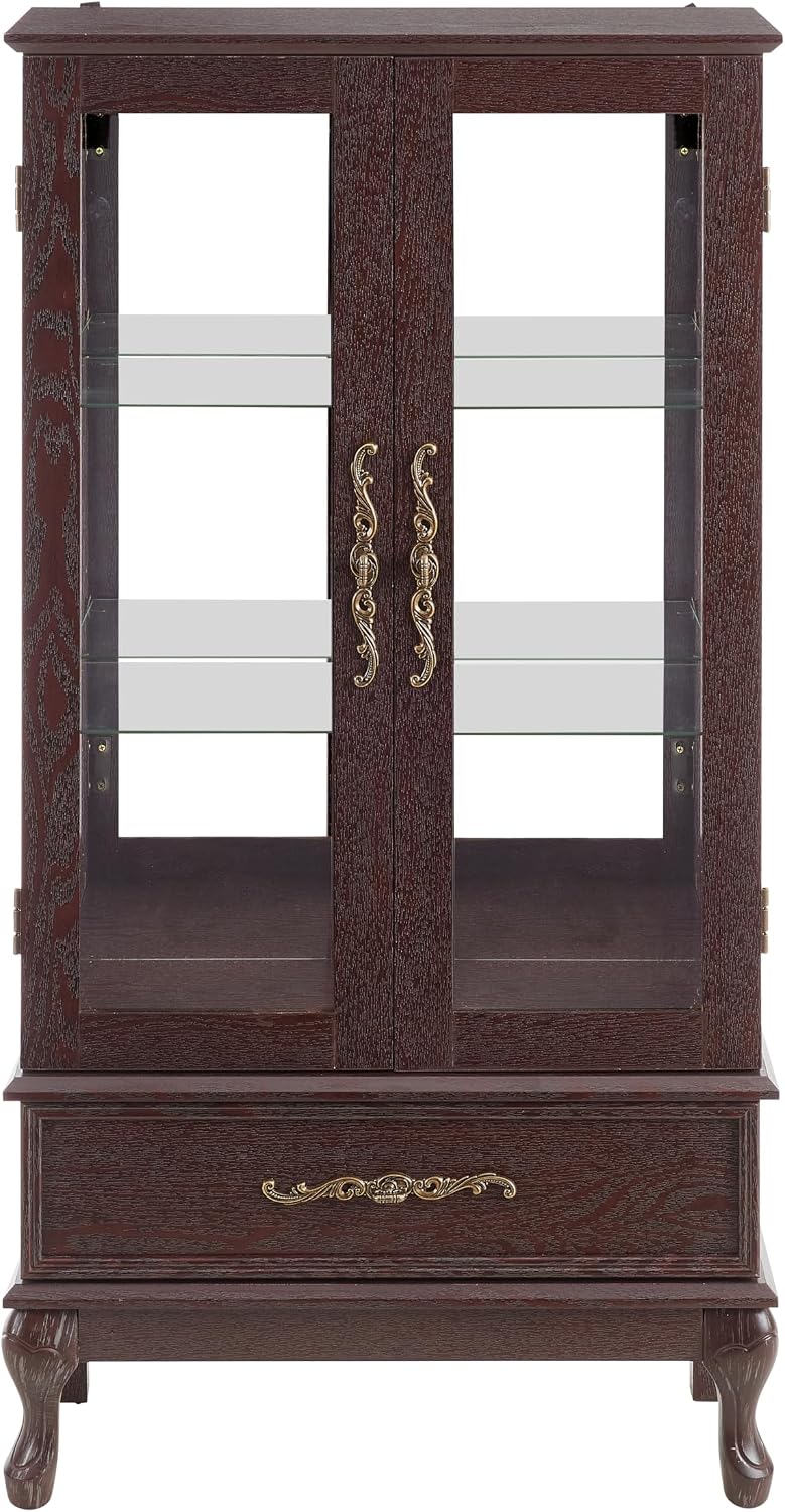 51' H Lighted Curio Display Cabinet with 2 Doors & 1 Drawer, Wooden Glass Curio Showcase w/Adjustable Shelves & Mirrored Back Panel, Storage Cabinet Display Case for Living Room(Dark Cherry)