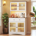 HUAHUU 71' Pantry Cabinet with LED Lights and Charging Station, Kitchen Pantry Storage Cabinet with Large Drawer, 4 Doors and 3 Adjustable Shelves, Kitchen Cabinets with Countertop, Light White