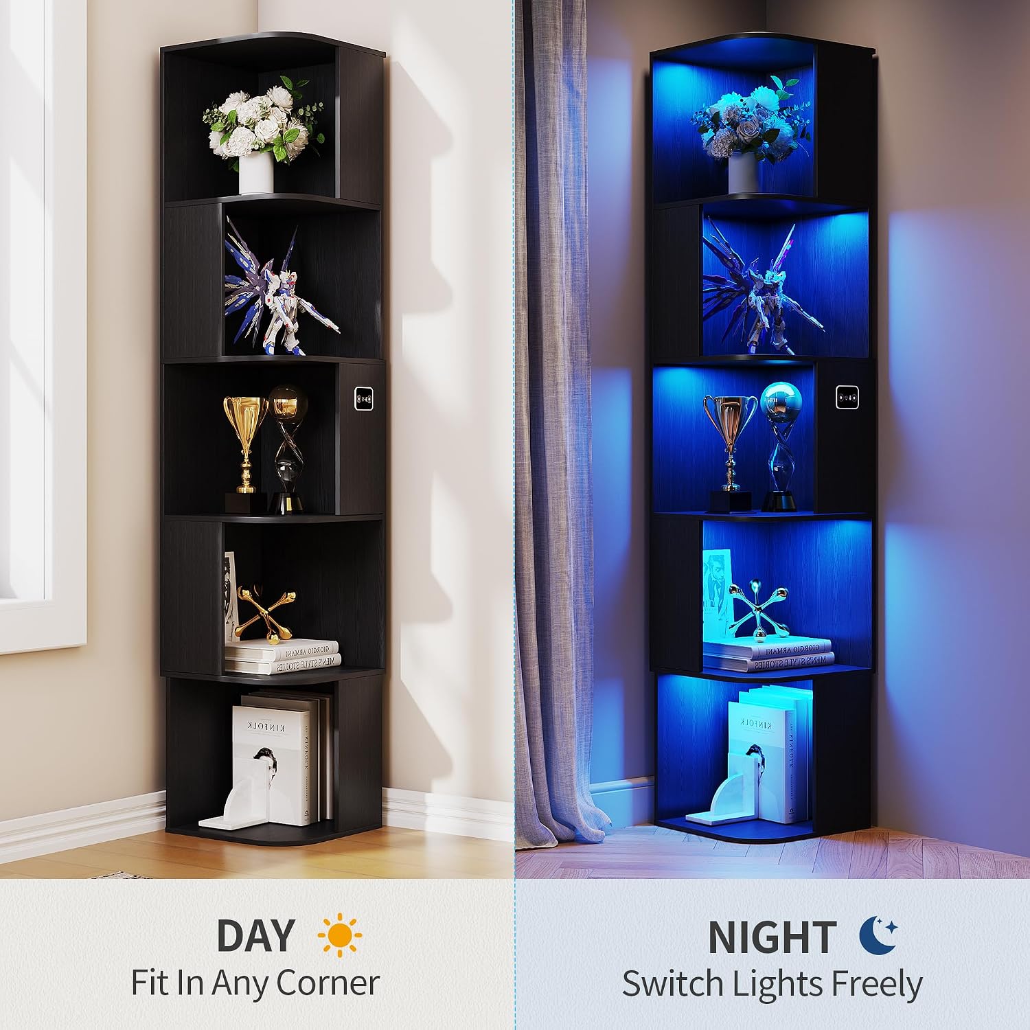 5 Shelf Bookcase - Corner Bookshelf with 3 Colors LED Sensor Lights Modern Cube Storage Organizer for Lego Books Living Room Study Bedroom - Ideal Gift (Black)