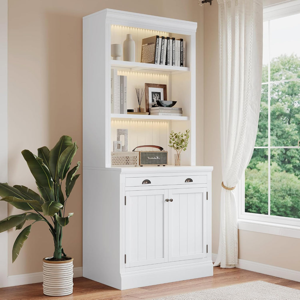 LUMISOL 83.4' Tall Bookshelf with Drawer and Cabinet, Freestanding Pantry Sideboard Cabinet with LED Lights, Solid Wood Tall Bookcase with Open Storage Shelves, White