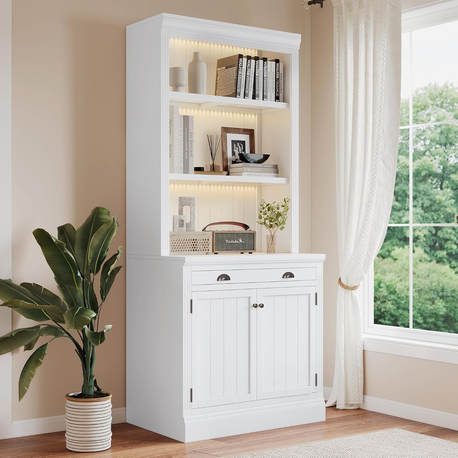 LUMISOL 83.4' Tall Bookshelf with Drawer and Cabinet, Freestanding Pantry Sideboard Cabinet with LED Lights, Solid Wood Tall Bookcase with Open Storage Shelves, White