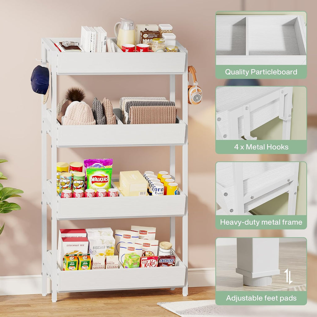 Tribesigns Wood Fruit and Vegetable Basket Stand Rack for Kitchen, Office, Store, Supremarket, Pantry Shelf Unit for Snacks, 4-Tier Wooden Utility Storage Shelves (White)