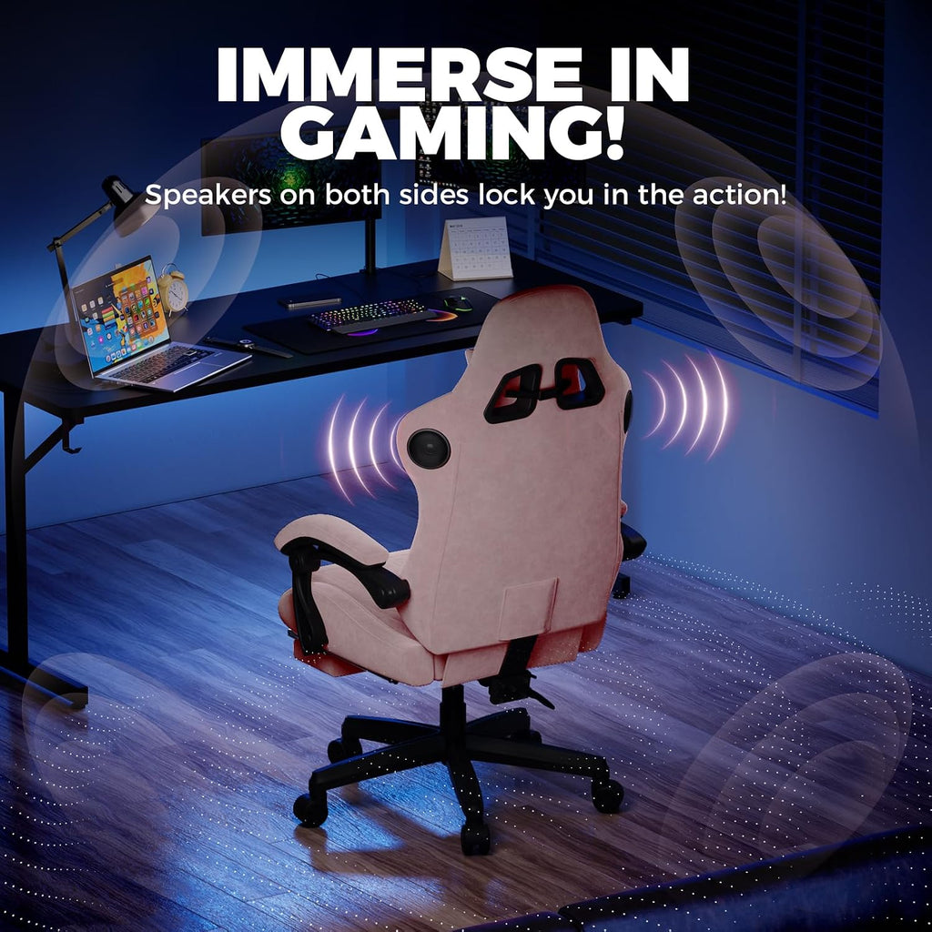 GTPLAYER ACE-PRO Music Gaming Chairs – Built-in Speakers, App Support & Bluetooth Control, Computer Game Chairs with Footrest for Adults, Ergonomic Reclining Silla, Linkage Armrest, Pink 【Velvet】