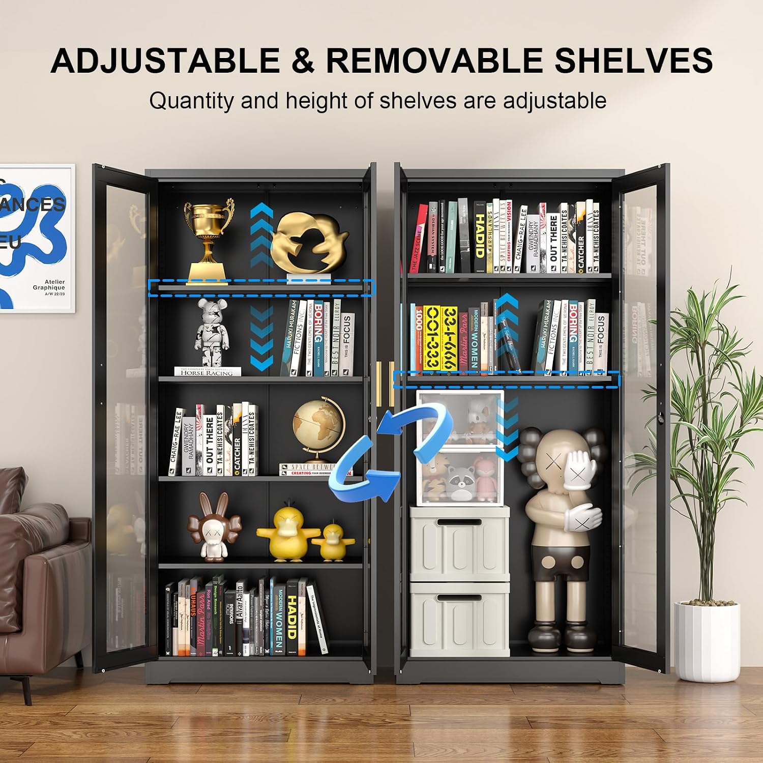 Polup Glass Display Cabinet with Lock, Metal Curio Cabinet with Tempered Glass Doors & Adjustable Shelves, Heavy-Duty China Cabinets for Living Room, School, Commercial, Black, Assembly Required