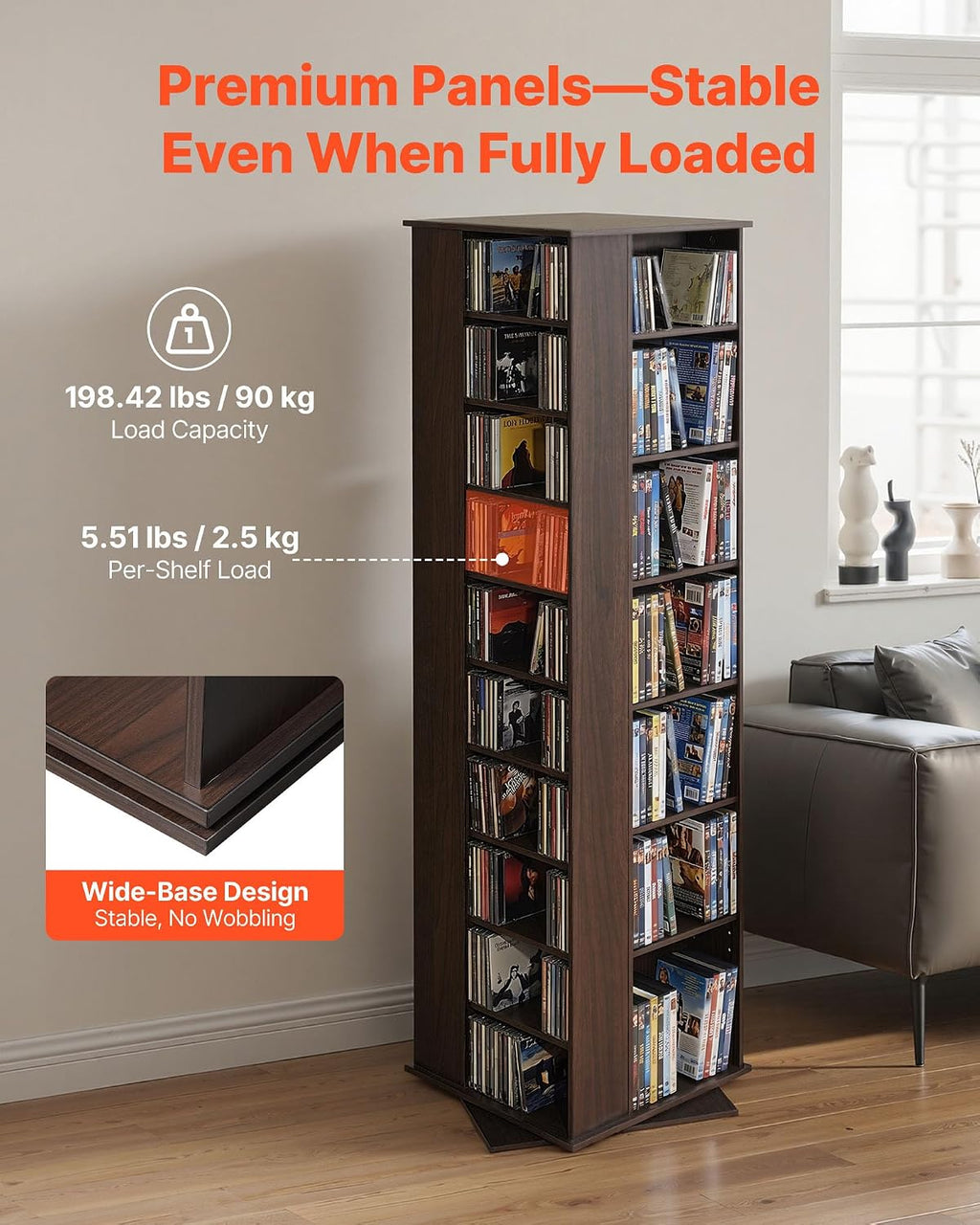 VEVOR Media Storage Cabinet, CD Rack Tower, 34 Compartments Rotating Media Tower Rack for CDs, DVDs, Books and Game Discs, DVD Stand for Living Room, Home Office and Recording Room, Brown