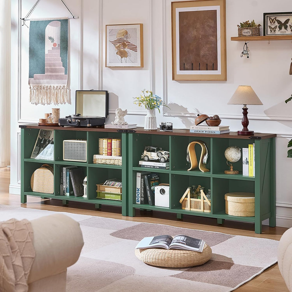 Joaxswe 6 Cube Storage Organizer, Farmhouse Green 47 Inch Wide Horizontal Bookshelf, Wooden 2 Tier Display Book Shelf, Rustic Low Book Case for Living Room (Green, 6 Cube (13.6'D x 47.24'W x 29.7'H))