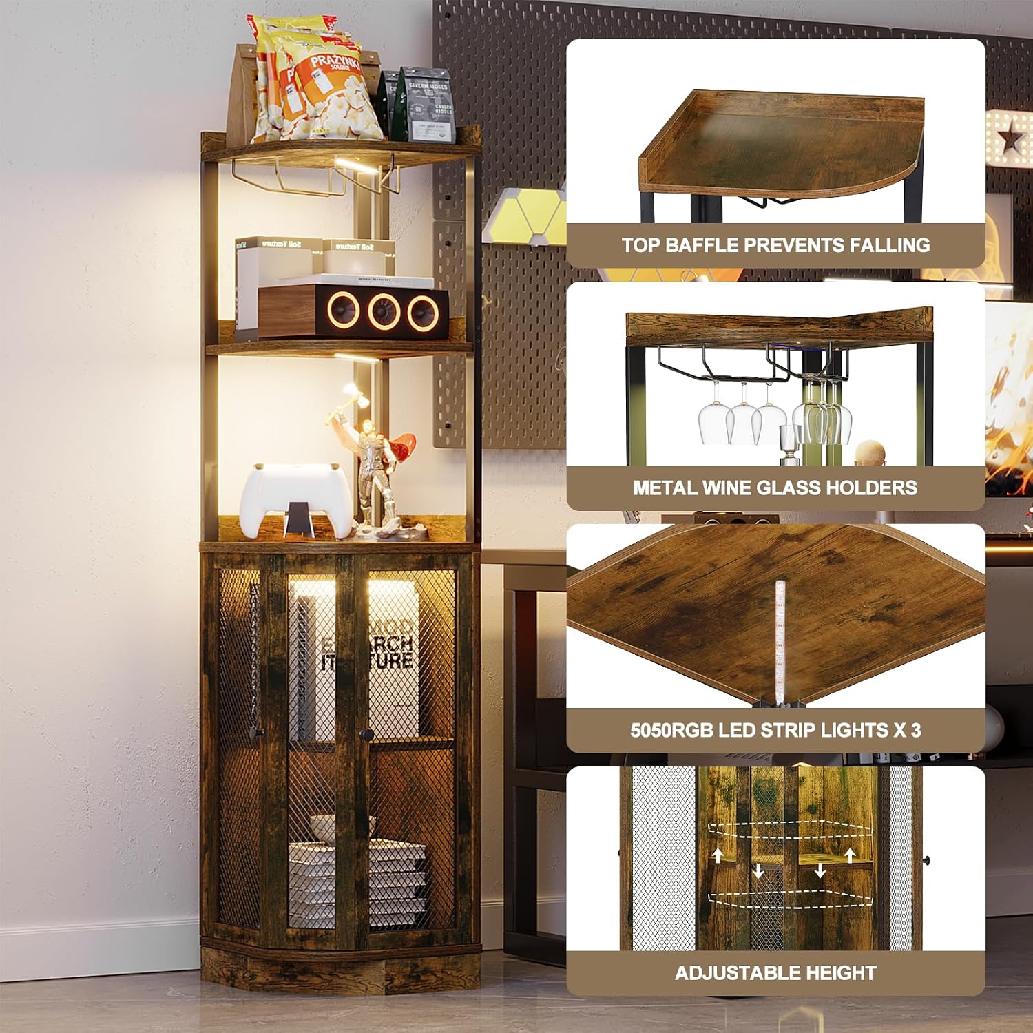 EOYUTLLY Corner Bar Cabinet with Power Outlet and LED Strip, 65' H 5-Tier Corner Liquor Wine Display Cabinet for Home, Storage Solution for Living Room, Kitchen, Home Bar, Brown