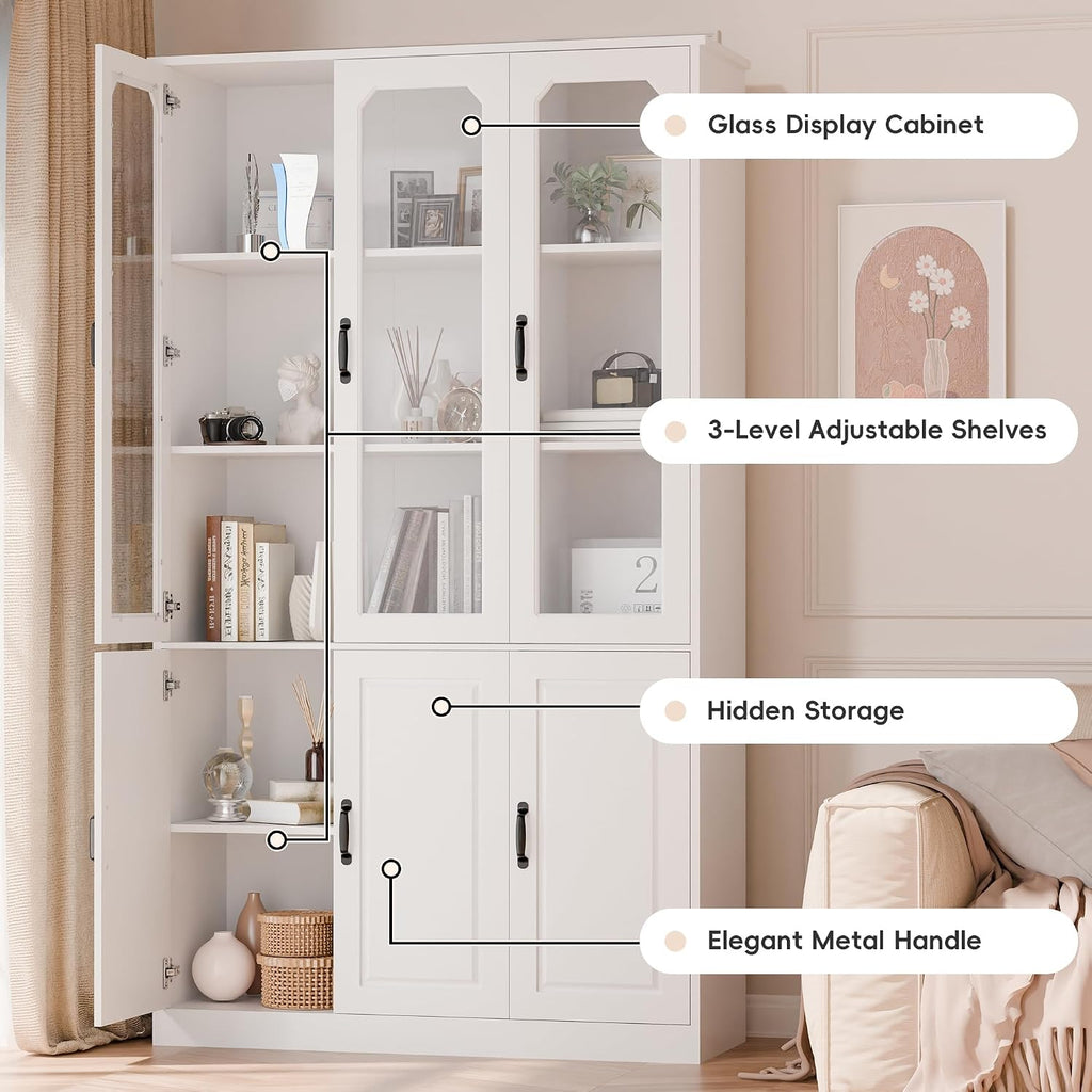 MU 78.7' Tall Kitchen Pantry with 3 Glass Doors, Freestanding China Cabinet with Adjustable Shelves, Large Kitchen Pantry Storage Cabinet Cupboard for Dining Room, Living Room, White (X-Large, 46' W)