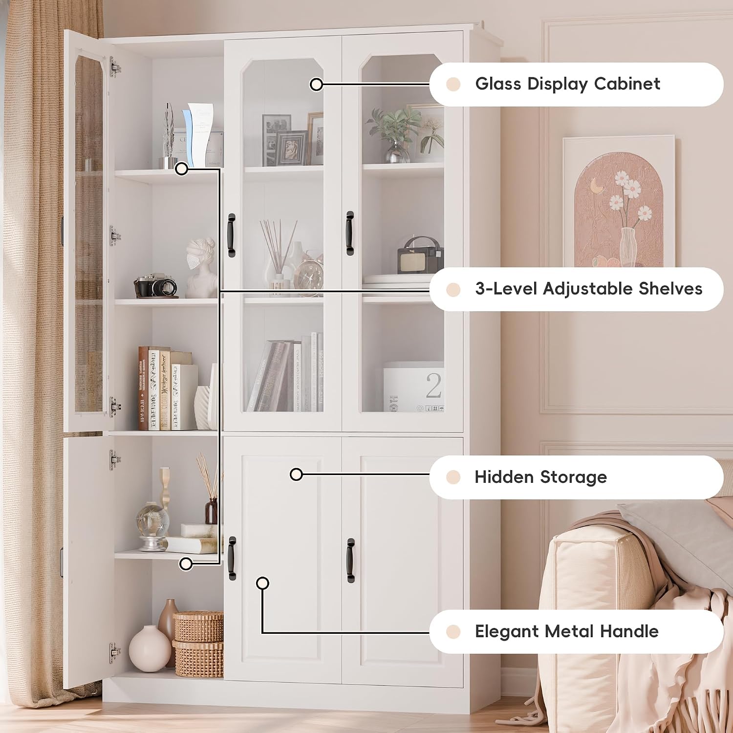 MU 78.7' Tall Kitchen Pantry with 3 Glass Doors, Freestanding China Cabinet with Adjustable Shelves, Large Kitchen Pantry Storage Cabinet Cupboard for Dining Room, Living Room, White (X-Large, 46' W)