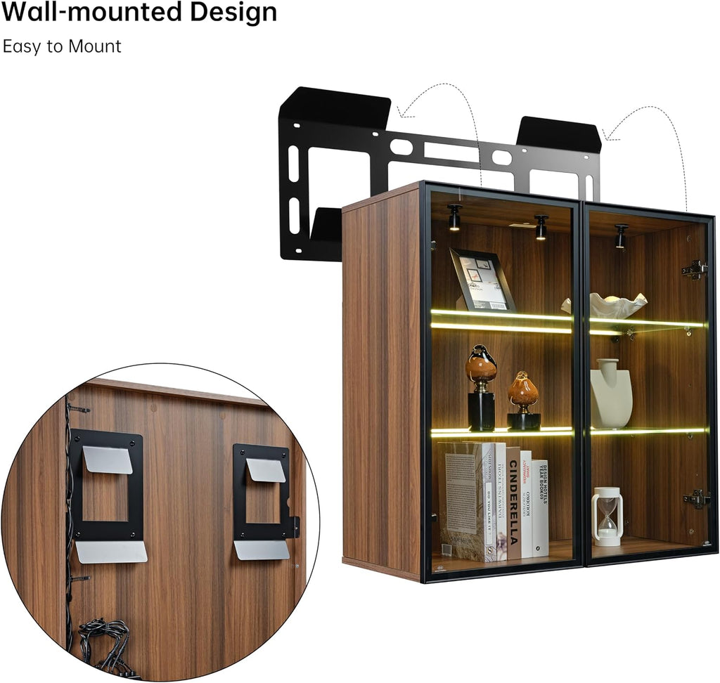 EUREKA ERGONOMIC Wall Cabinets with Glass Doors 2-Tier Adjustable Shelves Wooden Cabinet Storage for Collectibles Figurines Display Cabinet for Home Office Living Room Bedroom, Walnut