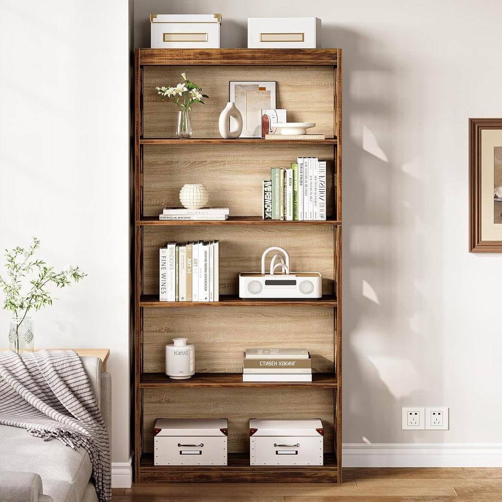 LITTLE TREE 69.9' Vintage Bookshelf, 5-Tier Tall Bookshelves, Cutout Design Vertical Bookcase, Freestanding Storage Display Shelf for Living Room, Bedroom, Study, Office, 1 Pack