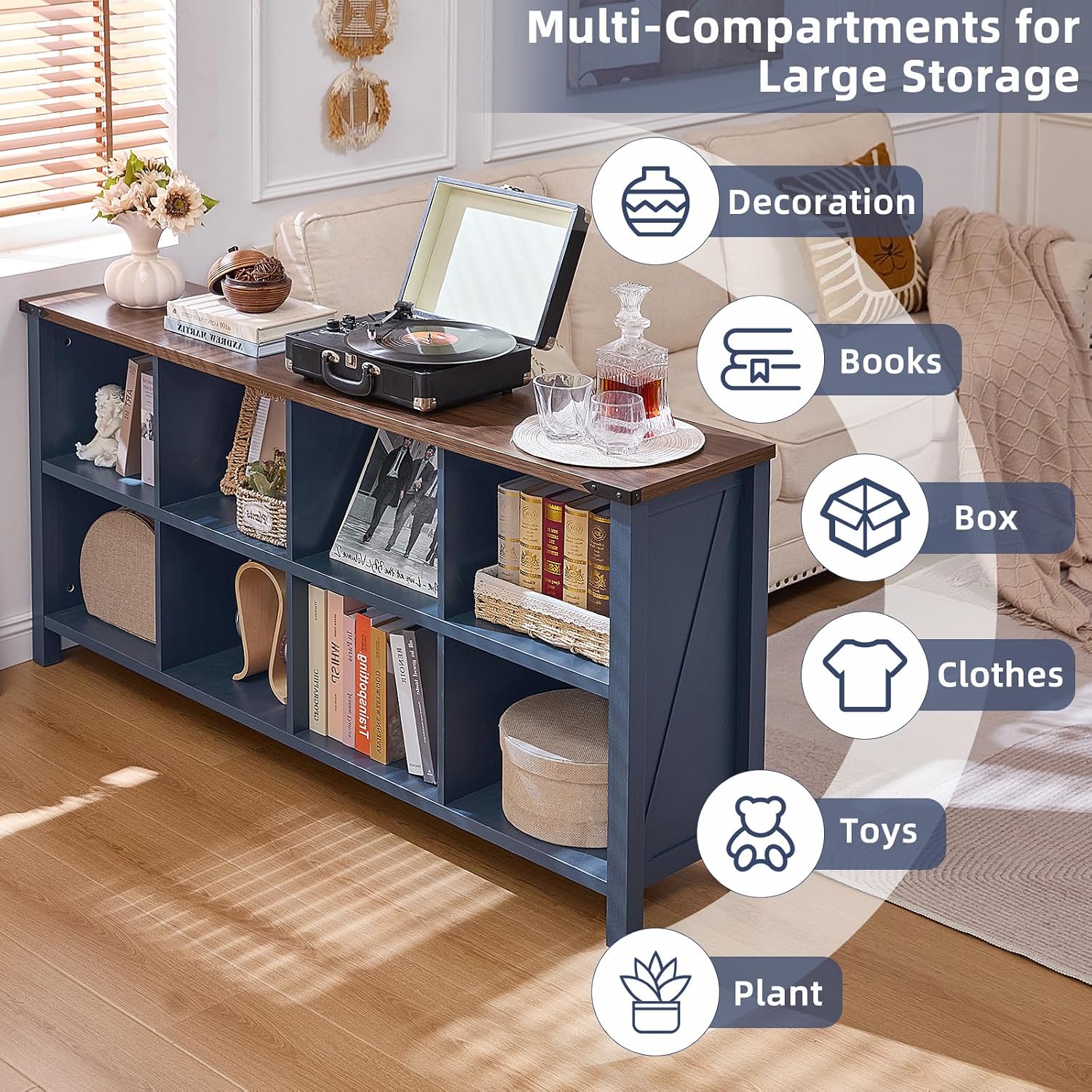 Joaxswe 8 Cube Book Shelf, Farmhouse Wood Long Storage Organizer Bookcase, 62' Horizontal Navy Blue Console Closet Bookshelf, Hallway TV Stand for Entryway, Display Cabinet Book Case for Living Room