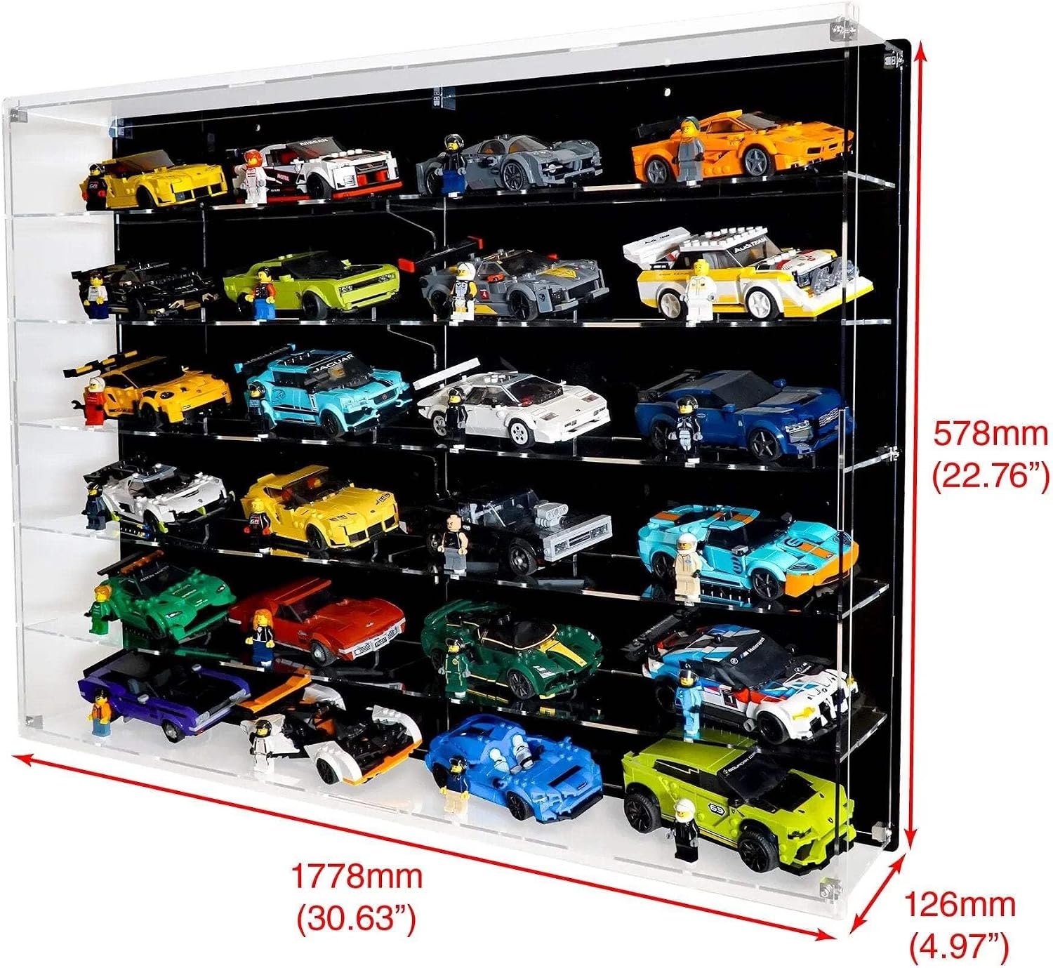 Wall-Mount Display Case Compatible with 24 LEGO Speed Champions Cars – Multi-Tier Collection Showcase – Sets Not Included