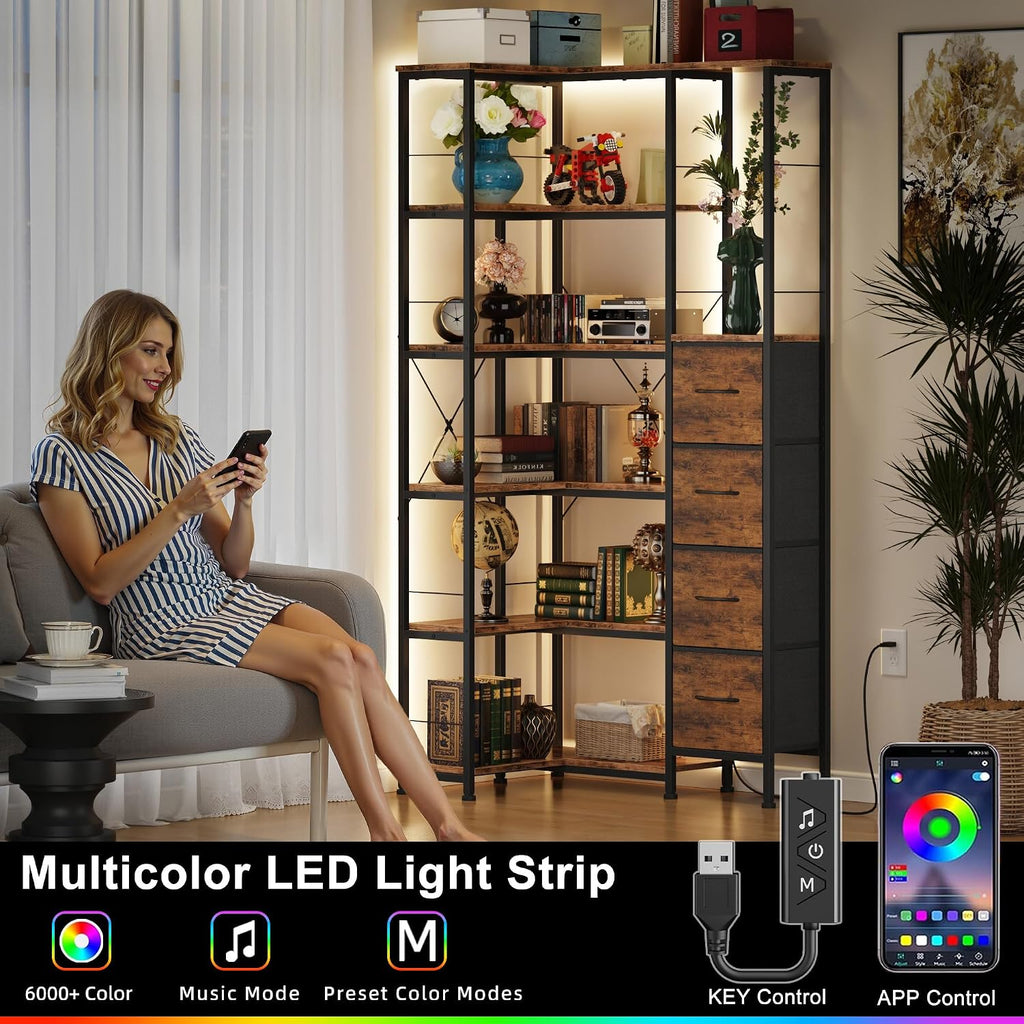 AFLUI Corner Bookshelf with LED Light Strips & 4 Fabric Drawers, 6-Tier Convertible Corner Shelf with Display Shelf, Large Wood Industrial Bookcase for Living Room, Bedroom, Home Office, Rustic Brown