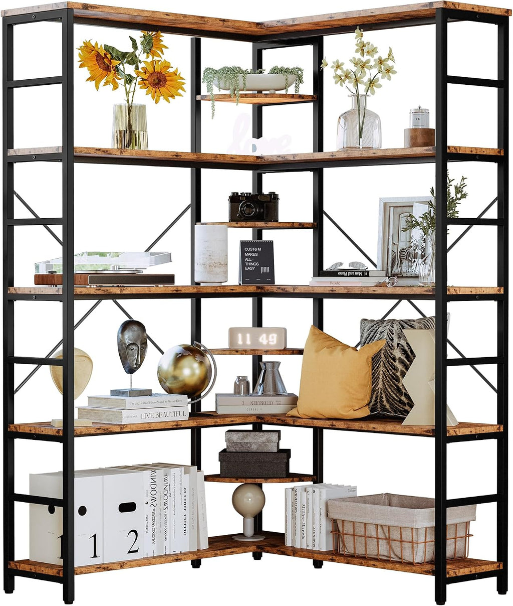 IRONCK Industrial Bookcases and Bookshelves, 5-Tiers Corner Bookcase with Curved Panels, L Shaped Shelf with Metal Frame for Open Storage for Living Room Home Office, Vintage Brown